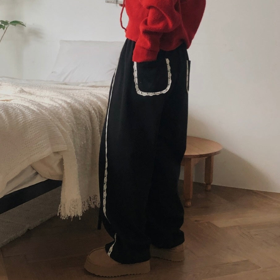 【Carina】2カラー展開 韓国デザイン 韓国ストリート リラックスフィット レース ワイドパンツ mry001198