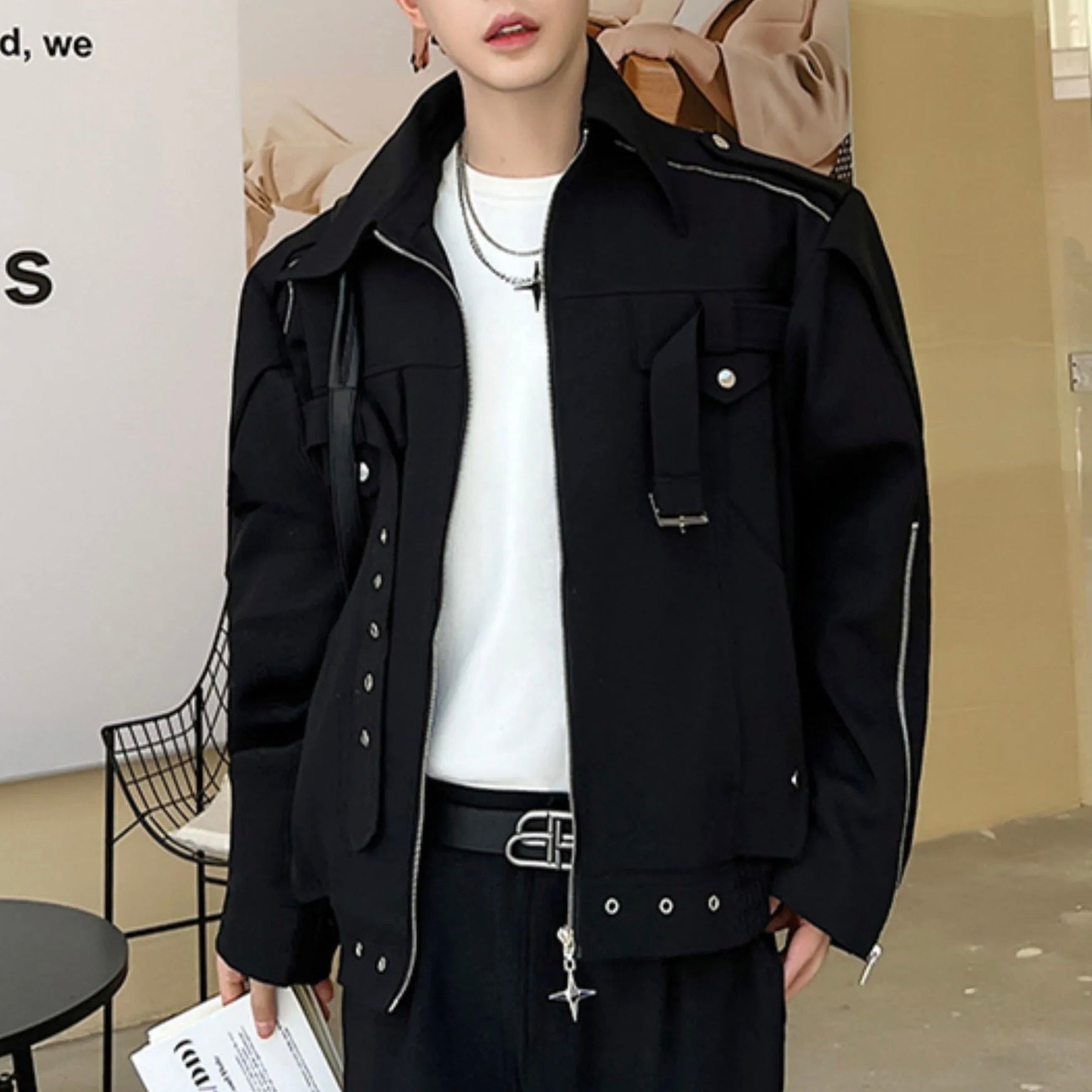 韓国ストリート 韓国カジュアル ベルト付き ファスナージャケット mry001244