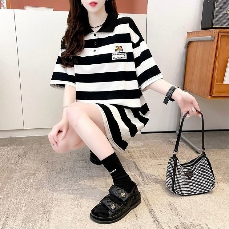 ミドル丈 ストライプ 半袖 ポロシャツ mry000042