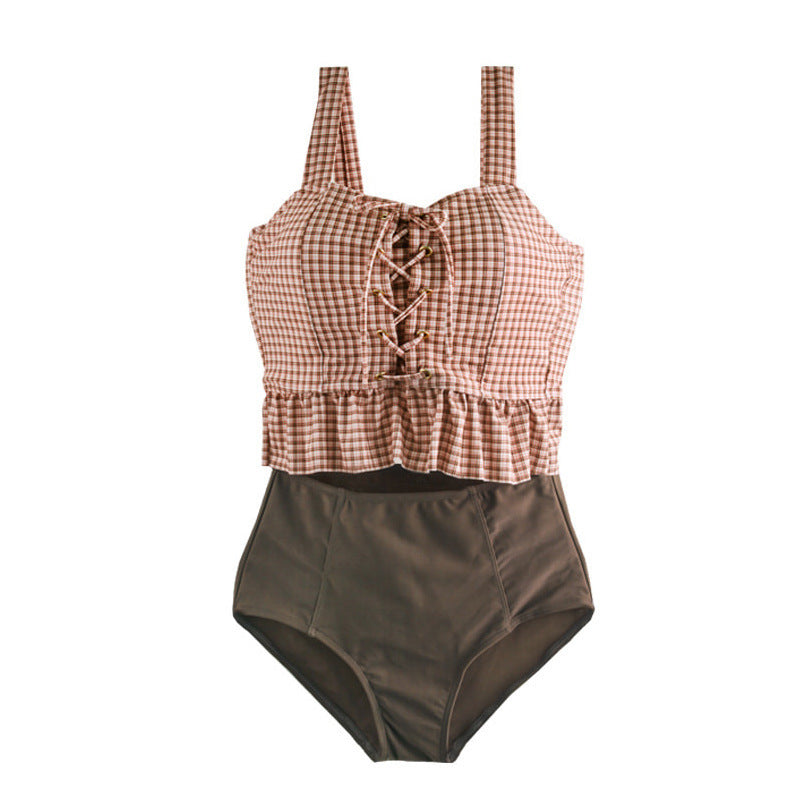 【送料無料】ギンガムチェック ビスチェ レースアップ 水着 韓国ガーリー mry000765