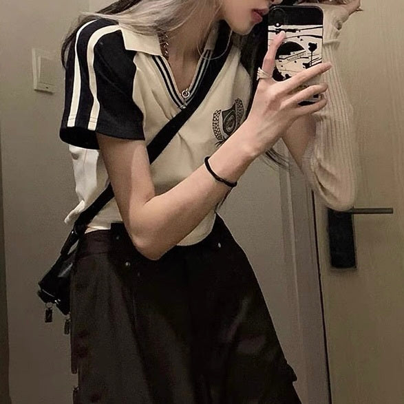 2023SS クロップド丈 アメリカン ホットガール ポロシャツ 韓国ストリート 韓国カジュアル mry000708