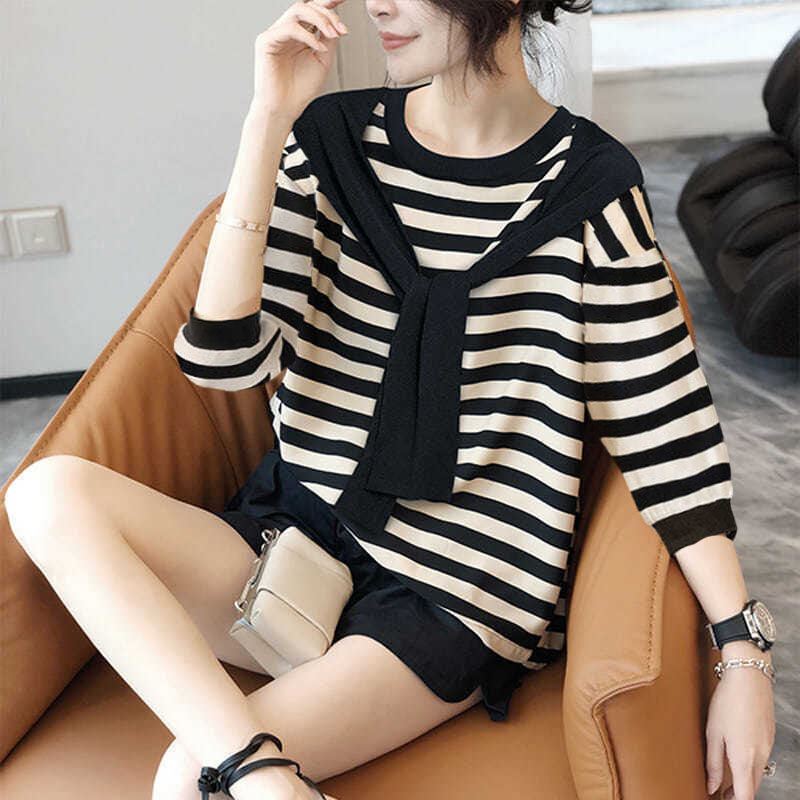 肩掛けデザイン ストライプトップス mry000127