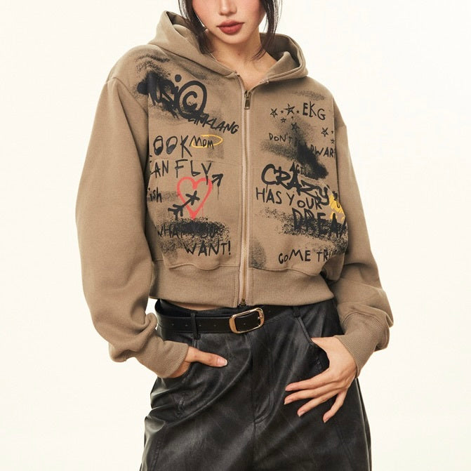 2カラー展開 アメリカン 韓国ストリート 韓国カジュアル レトロ 落書き ジップアップトップス パーカー mry001414
