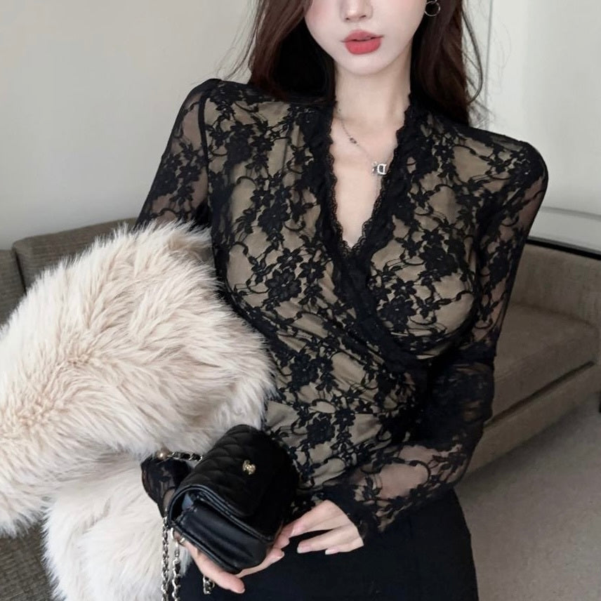 【Orchid】アメリカン 韓国デザイン 韓国カジュアル レース素材 ブラックブラウス mry001136