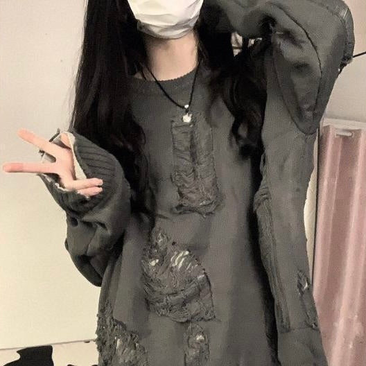 韓国カジュアル 韓国デザイン 韓国ストリート 切りっぱなし ダメージニット mry001079