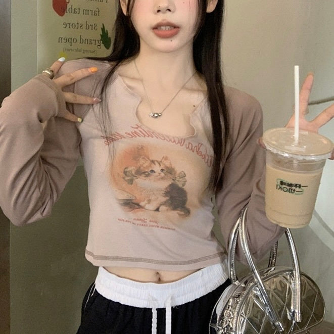 2カラー展開 韓国デザイン 韓国カジュアル ショート丈 キャットプリント 長袖トップス mry001113