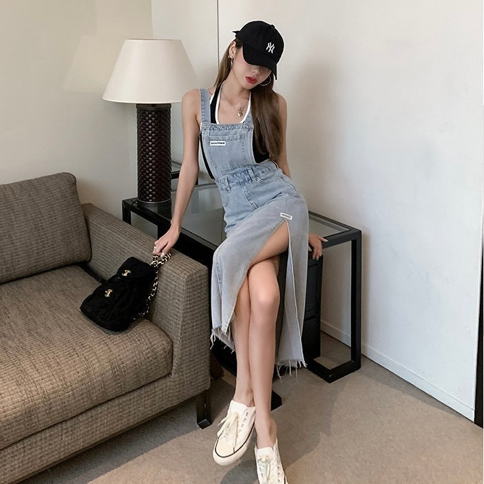 サイドスリット デニム サスペンダー ワンピース mry000117