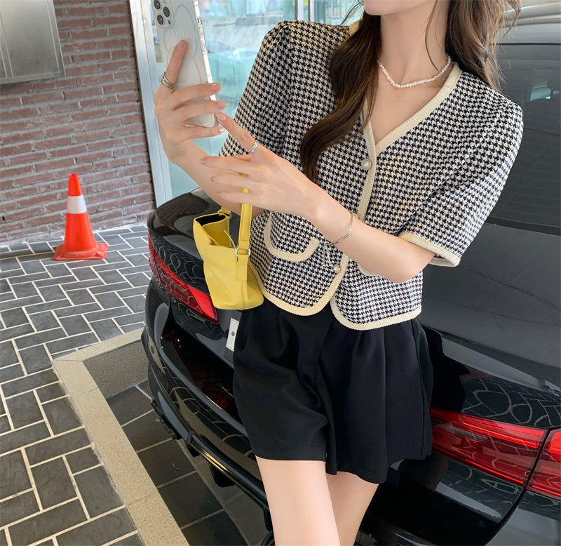 【送料無料】クロップド丈 フレンチスタイル Vネック 千鳥格子 韓国ガーリー 韓国カジュアル mry000536