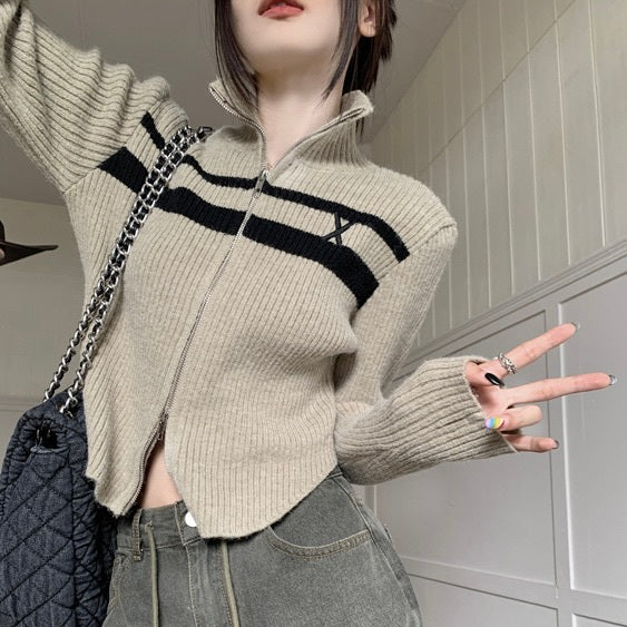 2カラー展開 韓国デザイン 韓国カジュアル ショート丈 タートルネック ジッパー付きパーカー mry001303