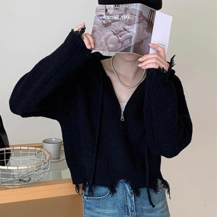 4カラー展開 韓国カジュアル 韓国デザイン ダメージ加工 ジップアップパーカー mry001088