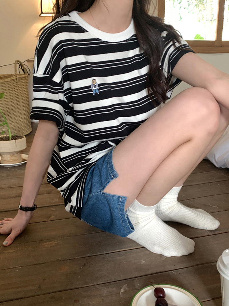 【送料無料】2カラー展開 クマちゃん ワンポイント ボーダー Tシャツ mry000651