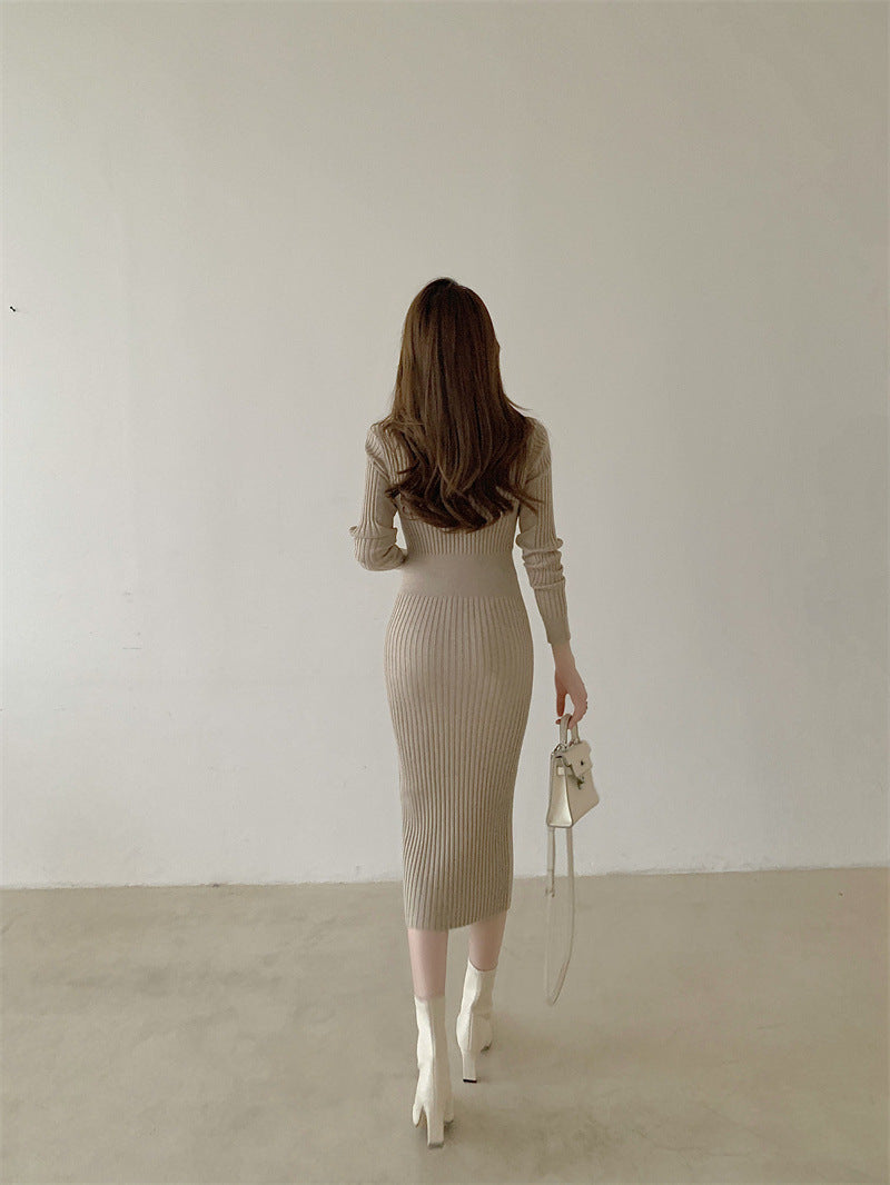 【送料無料】3色展開 Vネック 高品質ニット ワンピース mry000616