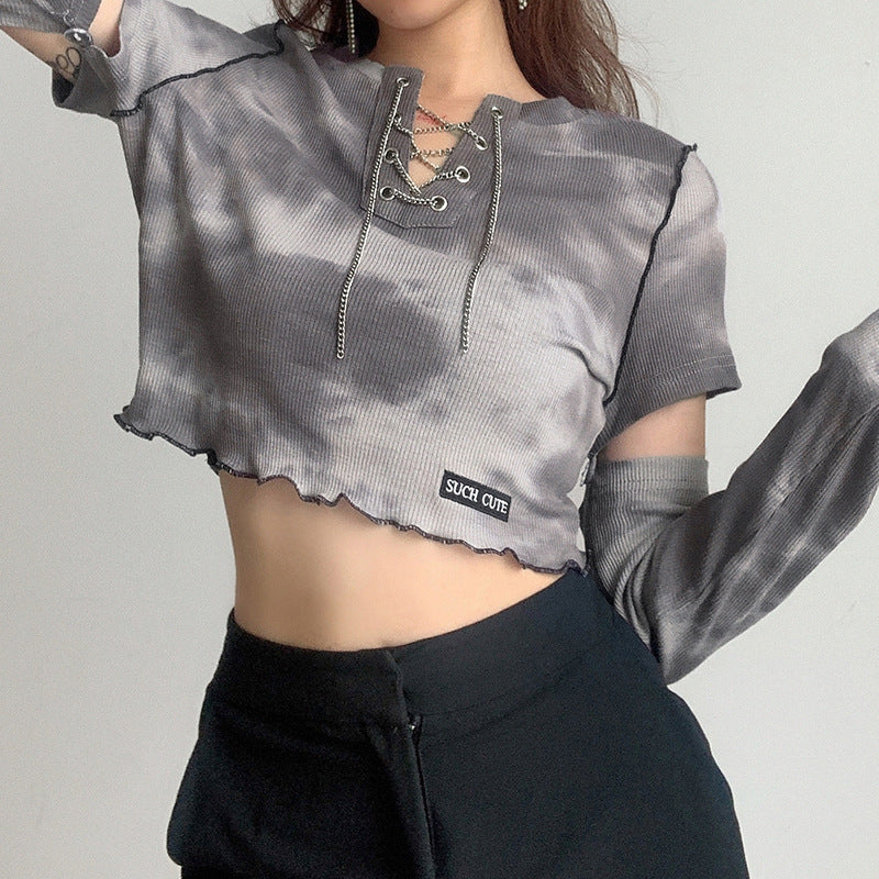 胸元チェーン　タイダイTシャツ　ショートクロップド丈　トップス　sle000117