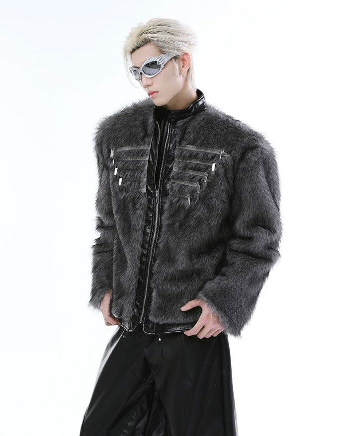 Faux Fur Panelled Leather Zip-Up Jacket mry001835