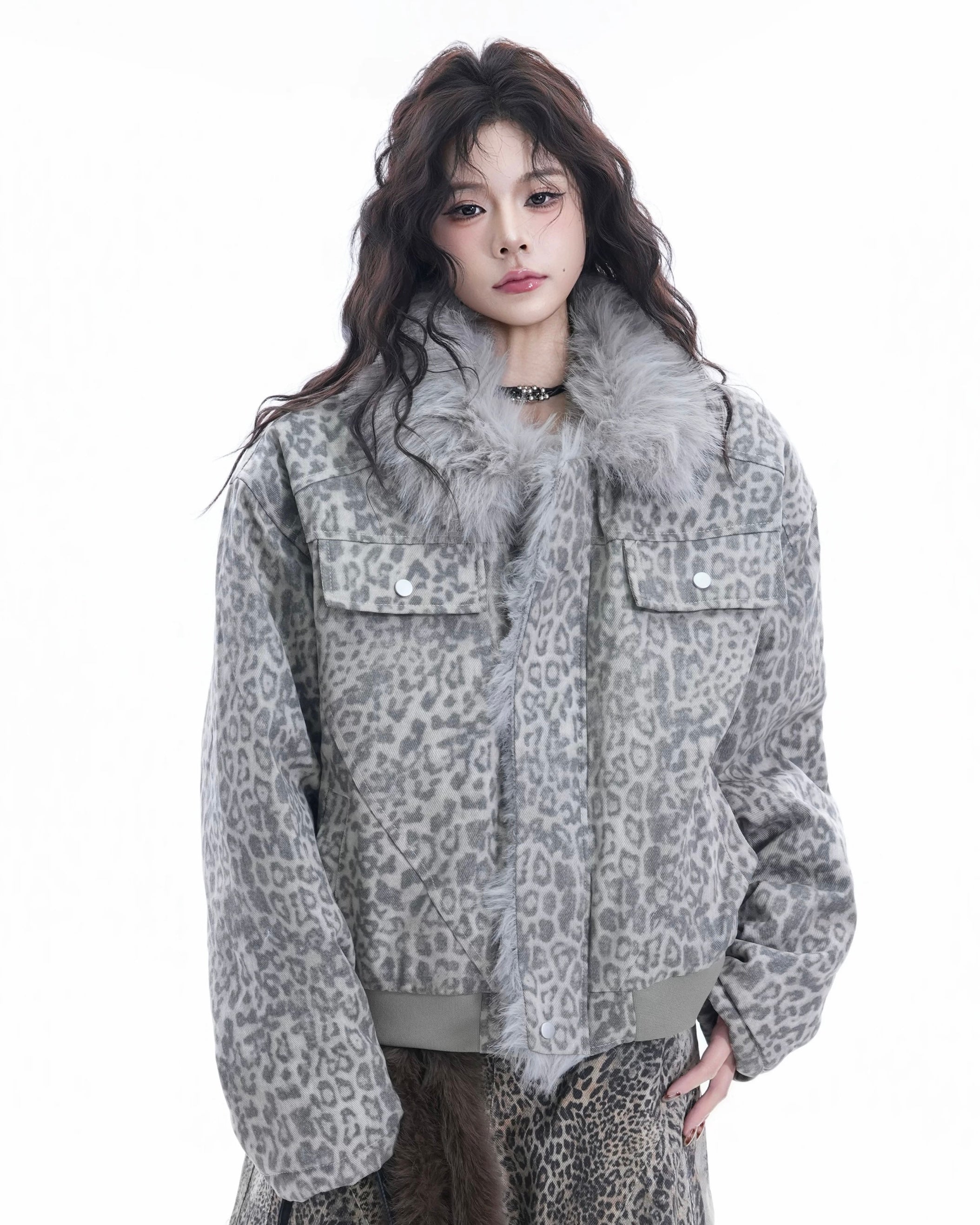 Leopard Faux Fur Trim Jacket mry002082
