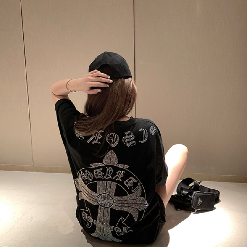 ２カラー展開 2023SS クロス ライン ストーン バック プリント Tシャツ 韓国ストリート 韓国カジュアル　mry000848