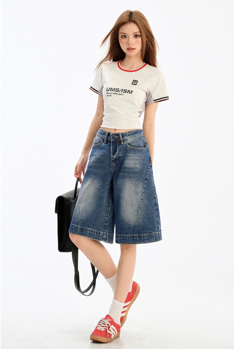 Retro Washed Wide-Leg Denim Shorts mry001752