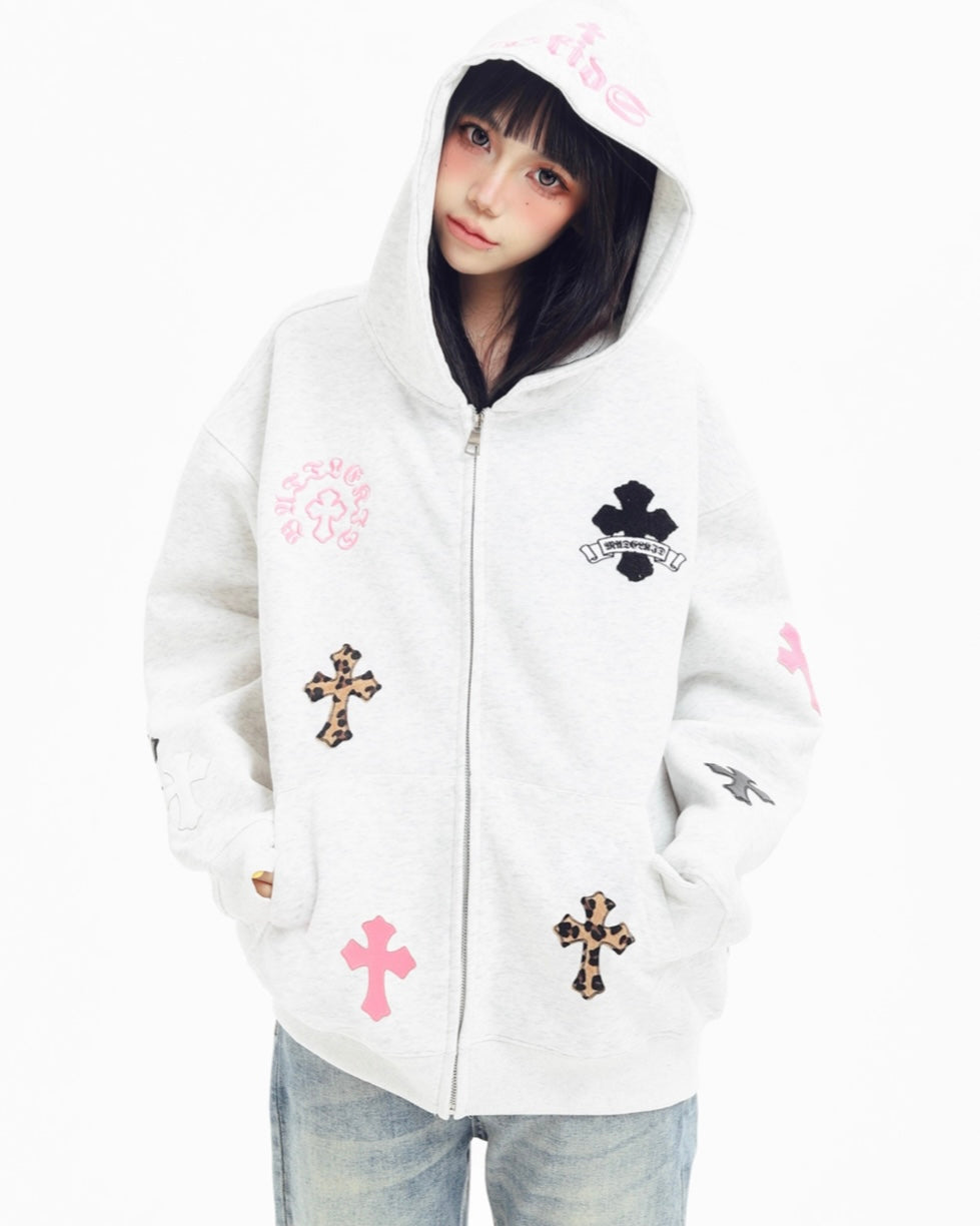 『評価★4.8以上／SNS大人気パーカー💥』【Tops】Leopard and Cross Embroidered Oversized Hoodie mry001896