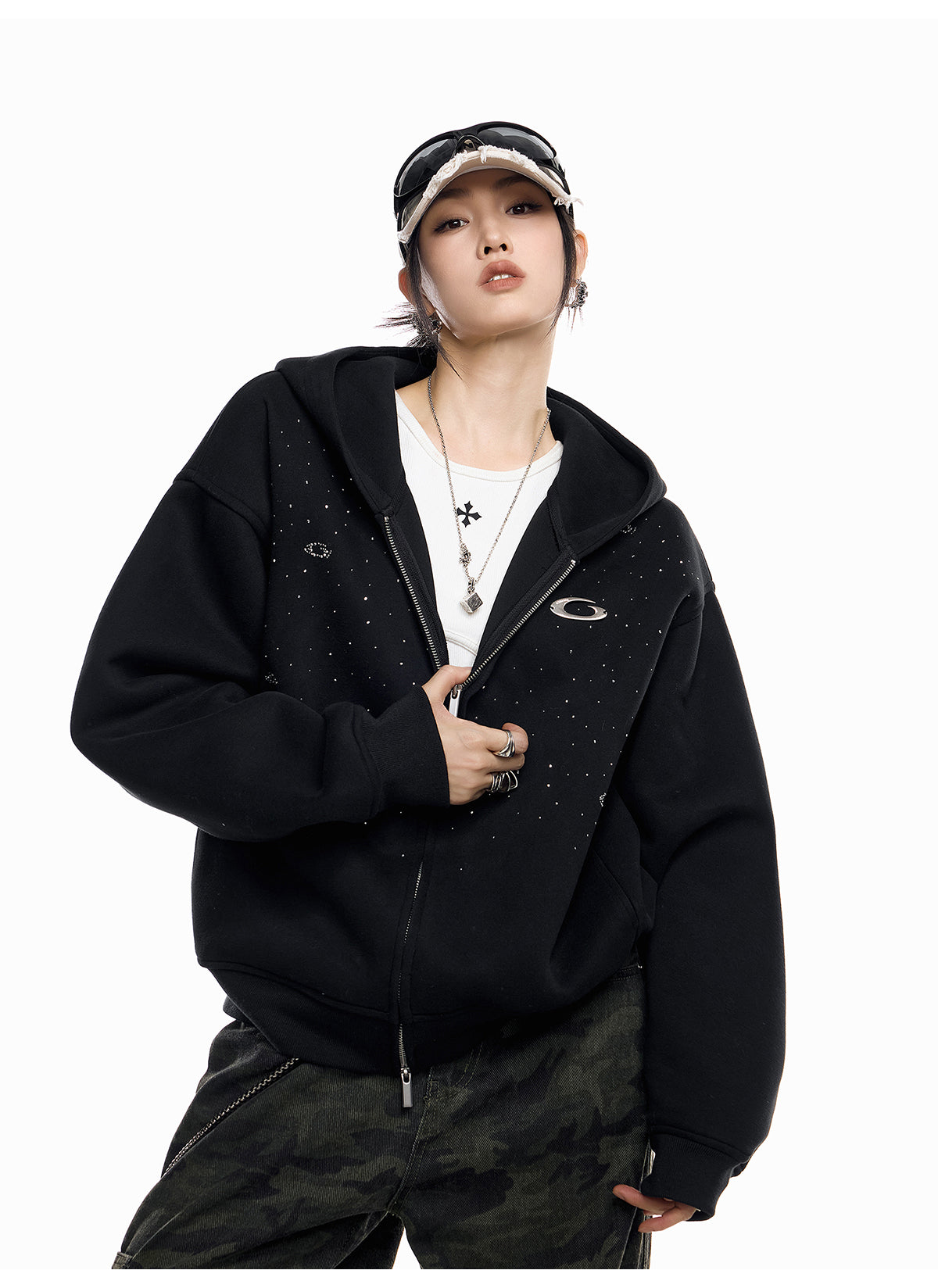 【評価★4.8以上／高品質】Rhinestone Embellished Oversized Zip Hoodie mry001898