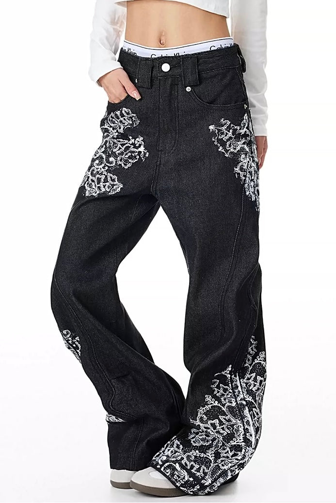 Grunge Floral Wide-Leg Denim Pants mry002239