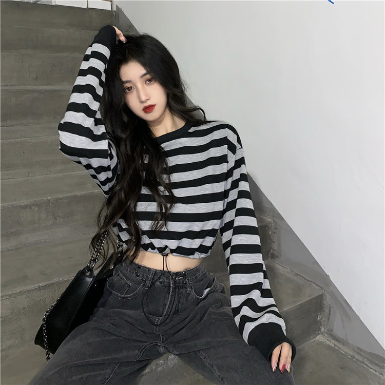 ショート丈　ストライプ　ウエストマークTシャツ　mry000442