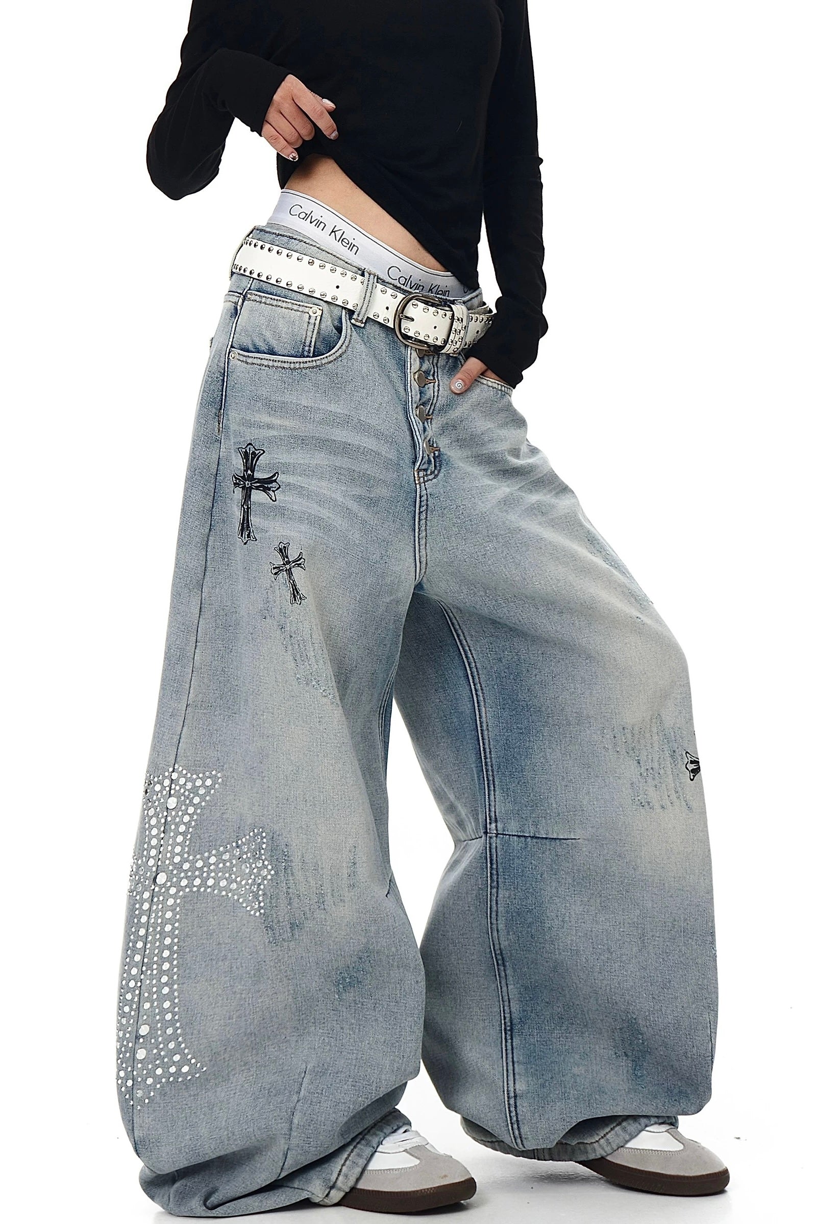 【ボトムス】スタッズクロスワイドデニム mry002368