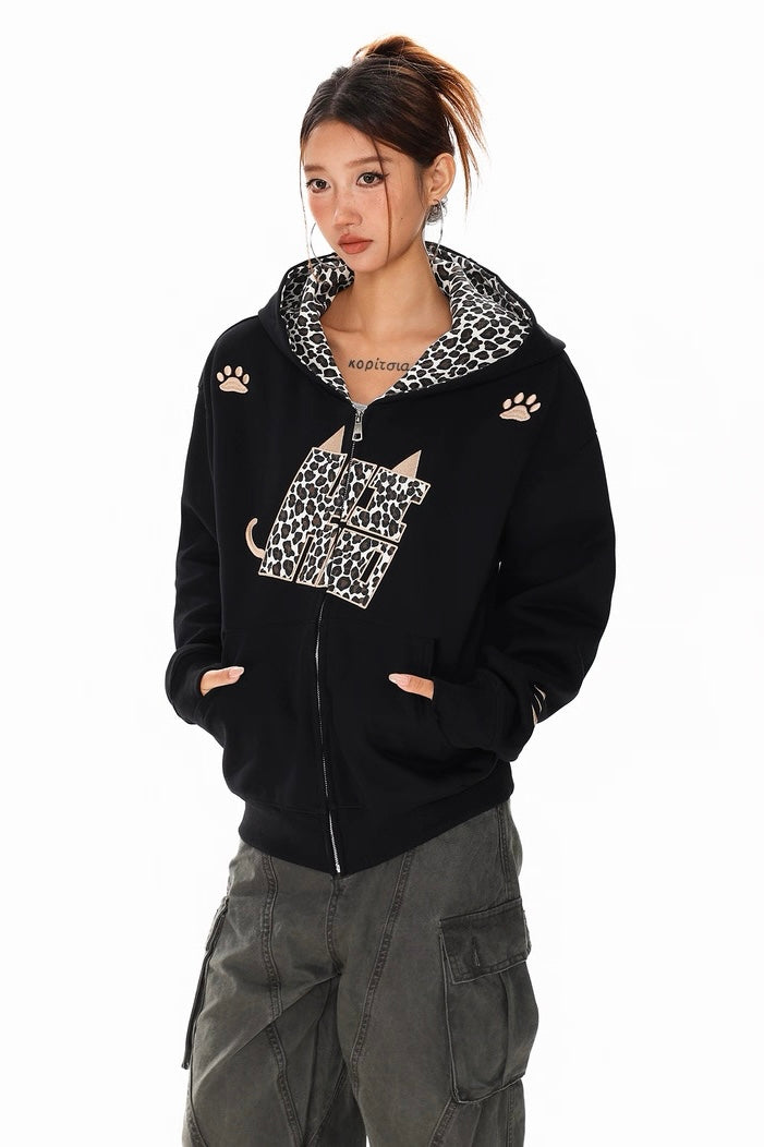 Leopard Cat Ear Zip Hoodie mry002296