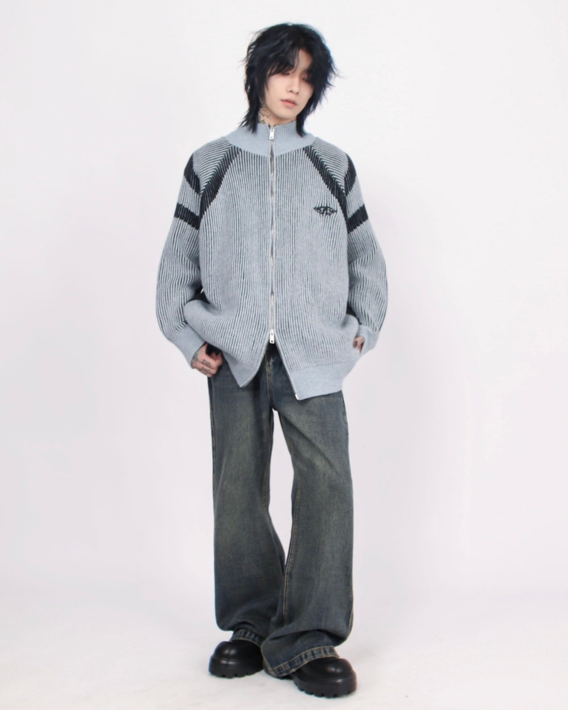 【評価★4.8以上／Tops】Two-Tone Stripe Zip Knit Cardigan mry001918
