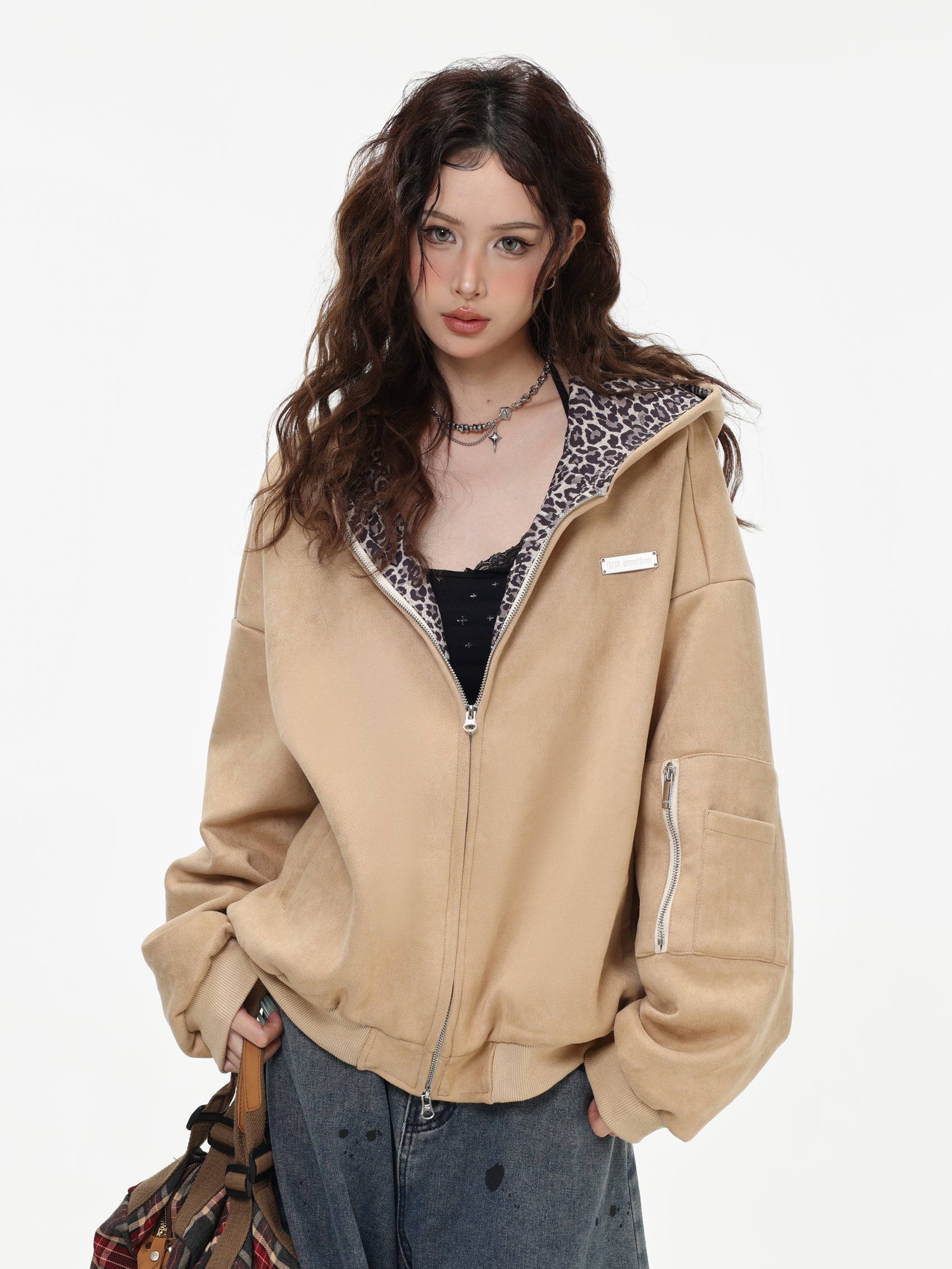 【評価★4.8以上／高品質】Leopard Lined Oversized Zip Hoodie Jacket mry001903