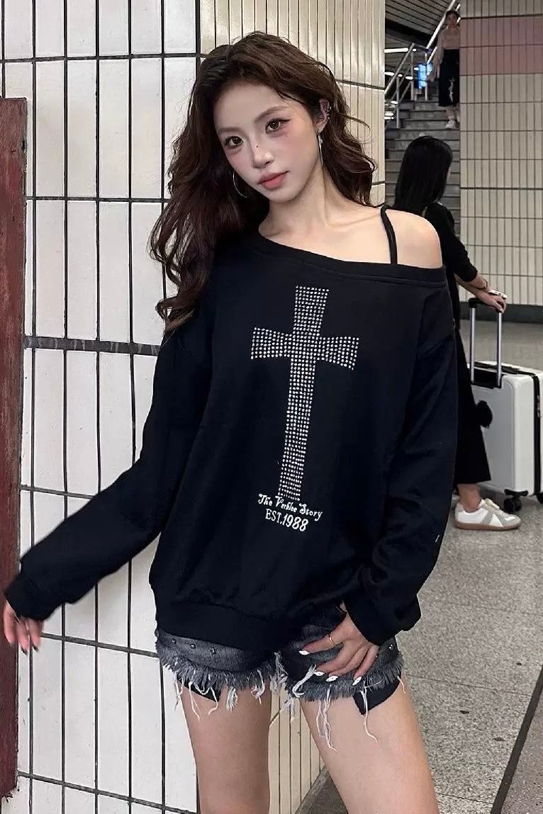 Rhinestone Cross Off-Shoulder Top mry002270