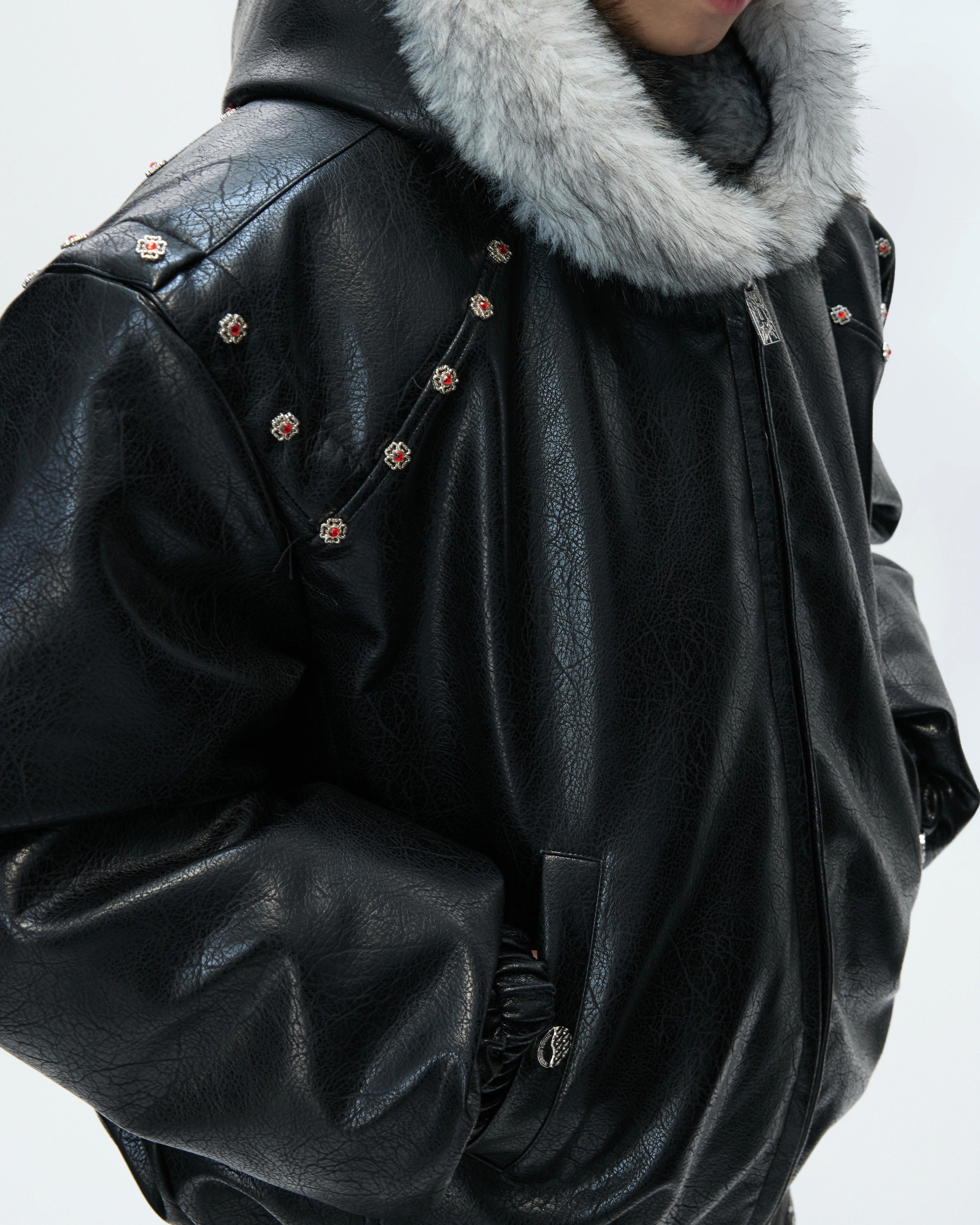 Unisex Fur Hood Leather Jacket mry002028