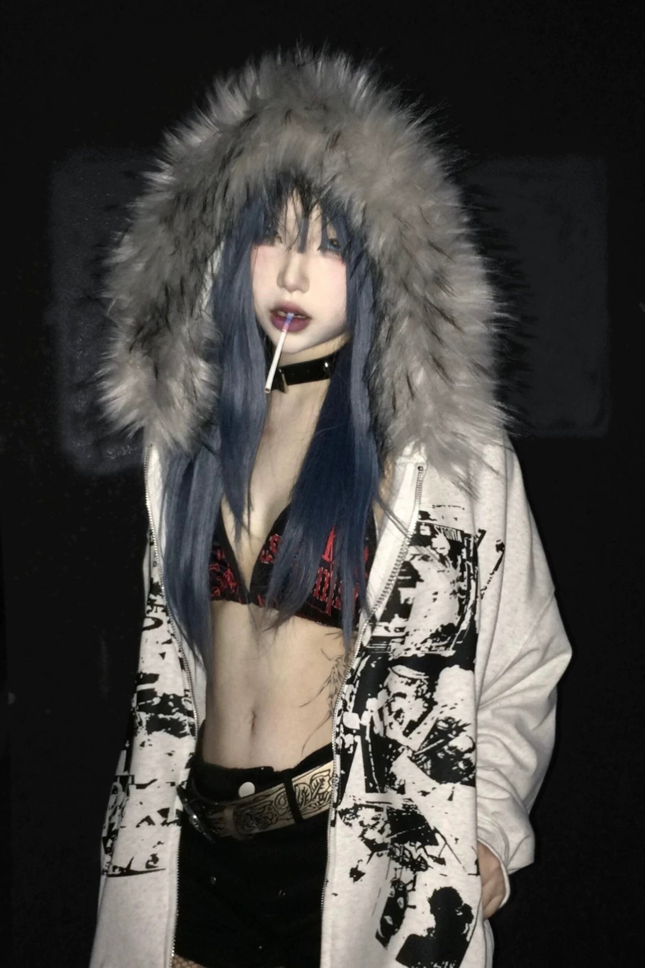 Fur Hood Graphic Zip Hoodie mry002176