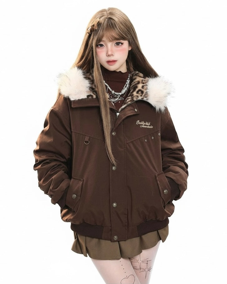 Leopard Lined Fur Hood Jacket mry002015