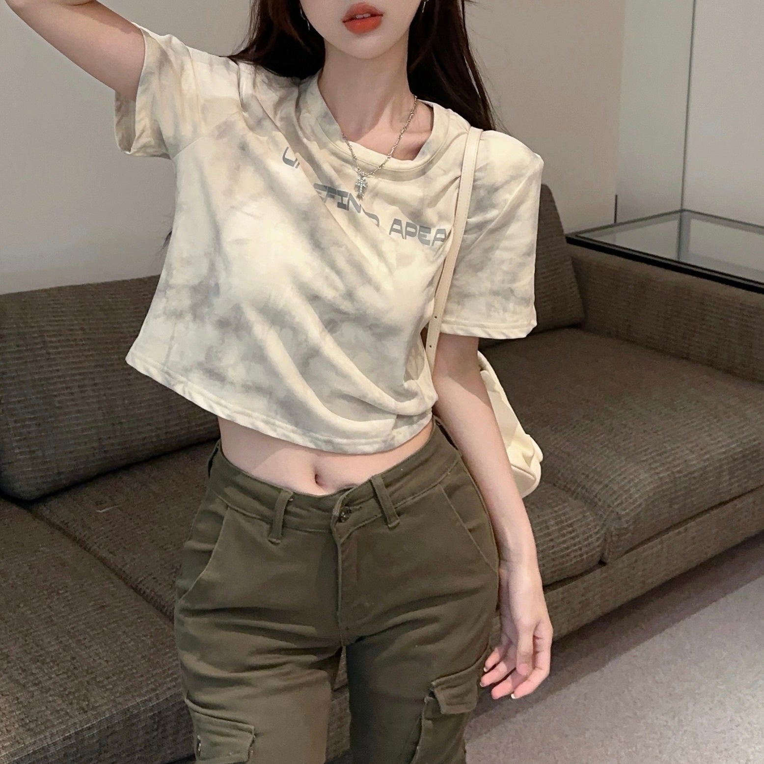 ２カラー展開 2023SS タイダイ柄 クロップド丈 レタリング 半袖 Tシャツ 韓国ストリート 韓国カジュアル　mry000839