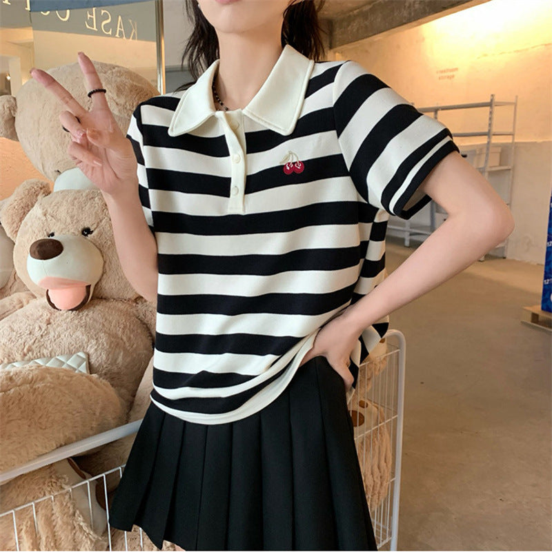 【送料無料】2023SS サマーストライプ 半袖Tシャツ ワンポイント ポロシャツ 韓国カジュアル 韓国ガーリー　mry000722