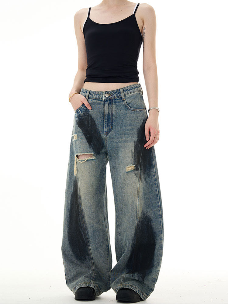 Distressed Oil-Stained Wide-Leg Denim Pants mry001654