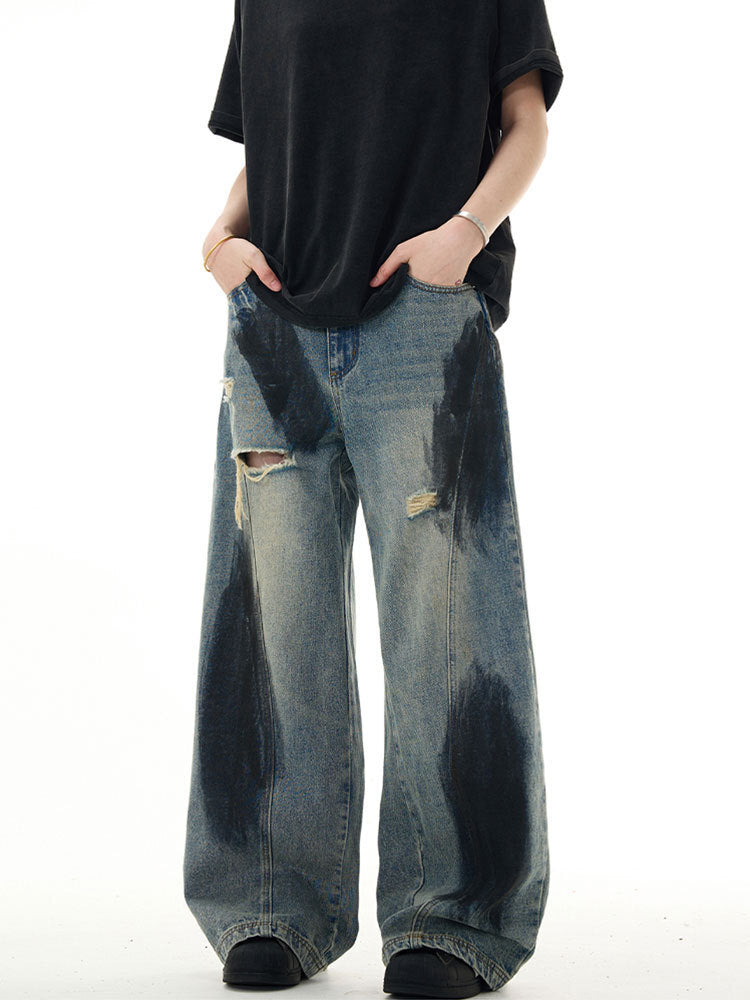Distressed Oil-Stained Wide-Leg Denim Pants mry001654