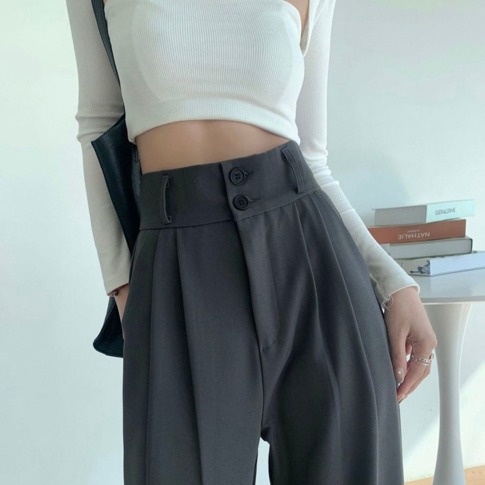 グレーストレートレッグパンツ　高品質　mry000012