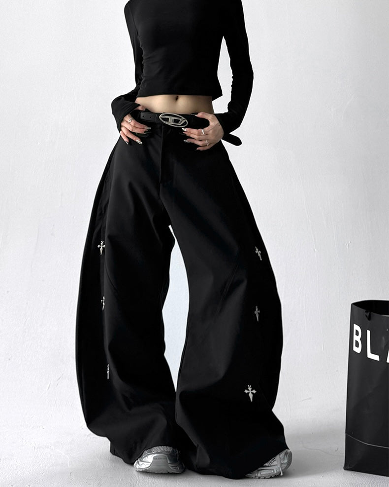 【COVER:FIT】 Cross Embroidery Wide-Leg Black Pants mry001871