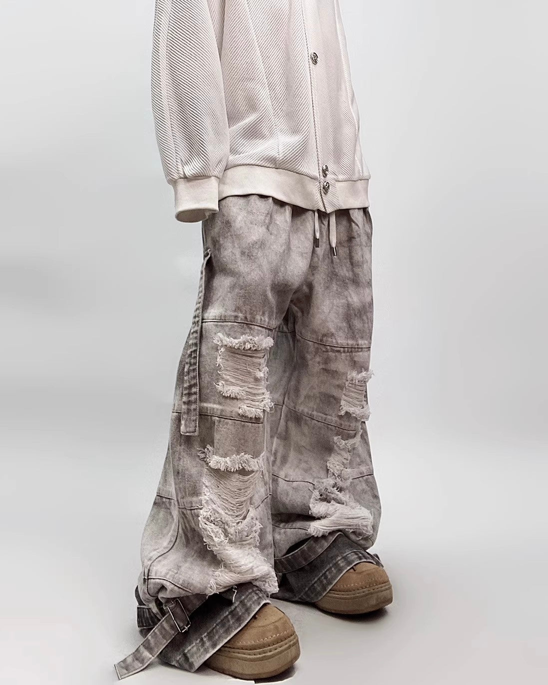 Unisex Distressed Wide-Leg Denim Pants mry001806