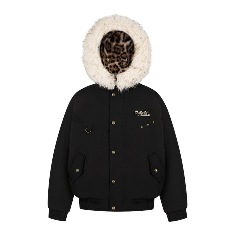 Leopard Lined Fur Hood Jacket mry002015