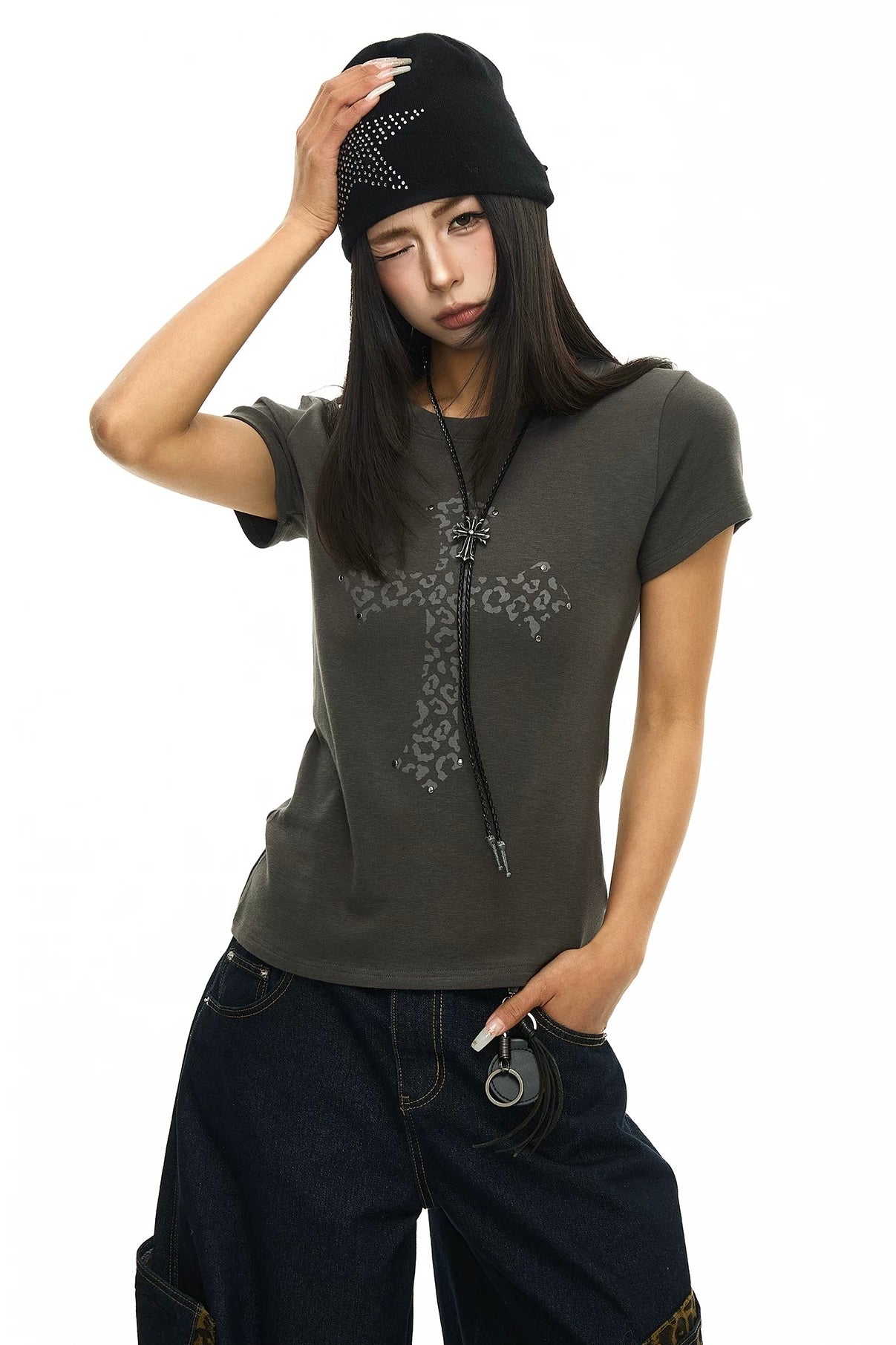 【トップス】レオパードクロスグラフィックTシャツ mry002366