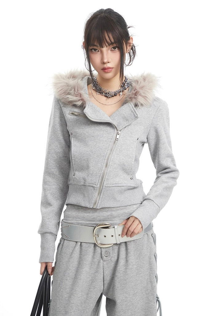 Fur Hood Cropped Rider Jacket mry002250