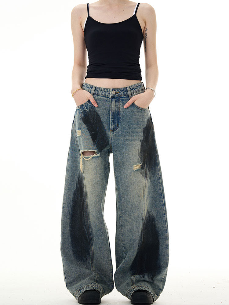 Distressed Oil-Stained Wide-Leg Denim Pants mry001654