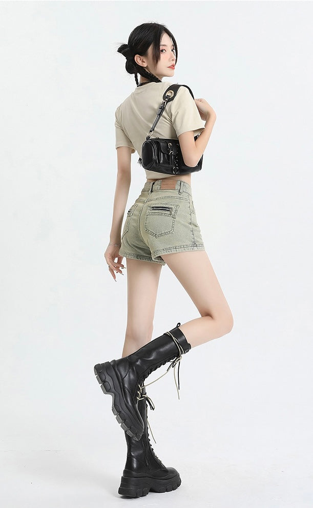 Zippered Back-Pocket Denim Shorts mry001748