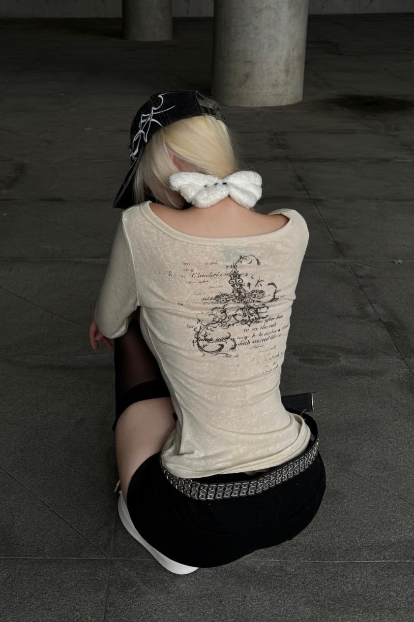 【トップス】クロスプリントロングTシャツ mry002328