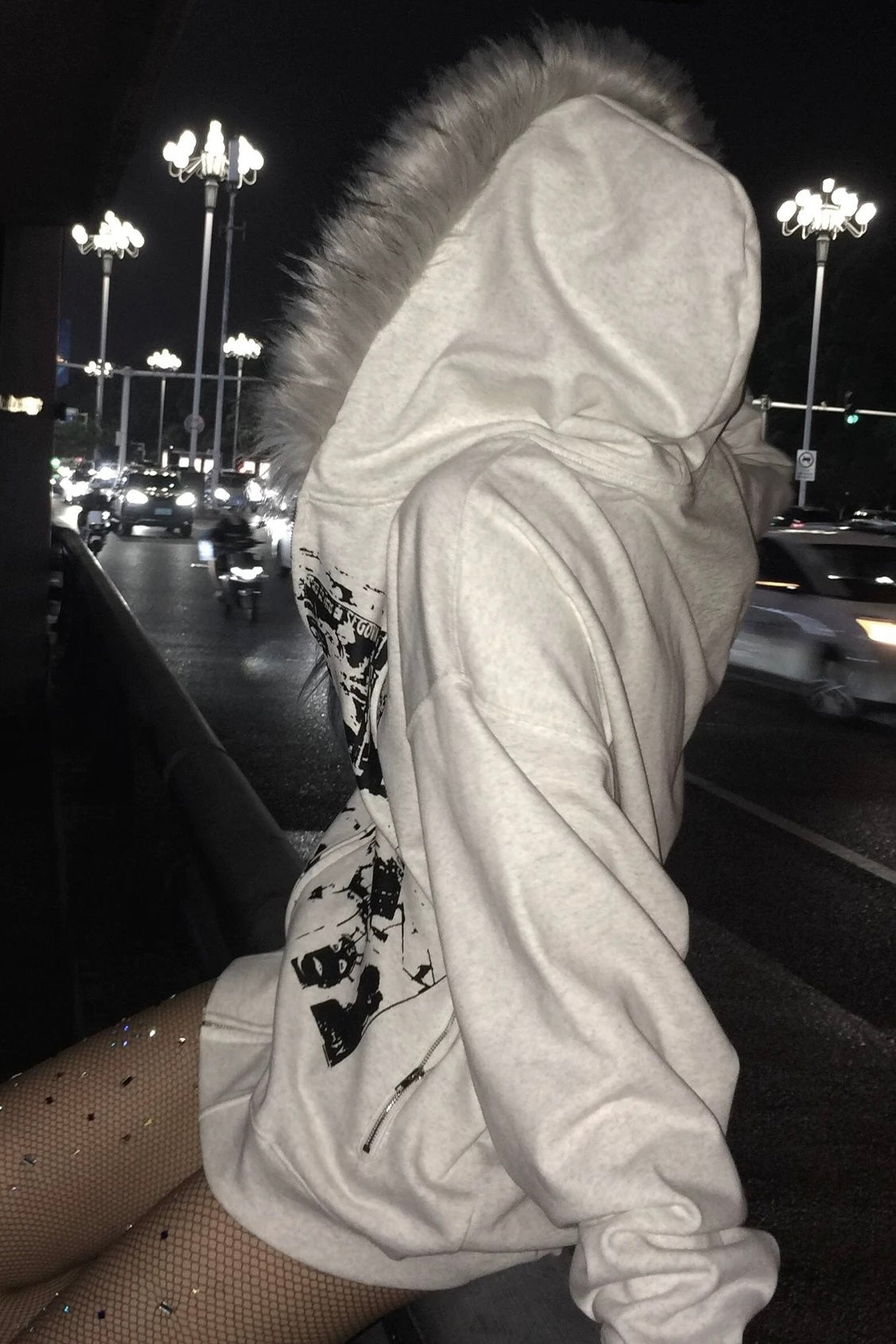 Fur Hood Graphic Zip Hoodie mry002176
