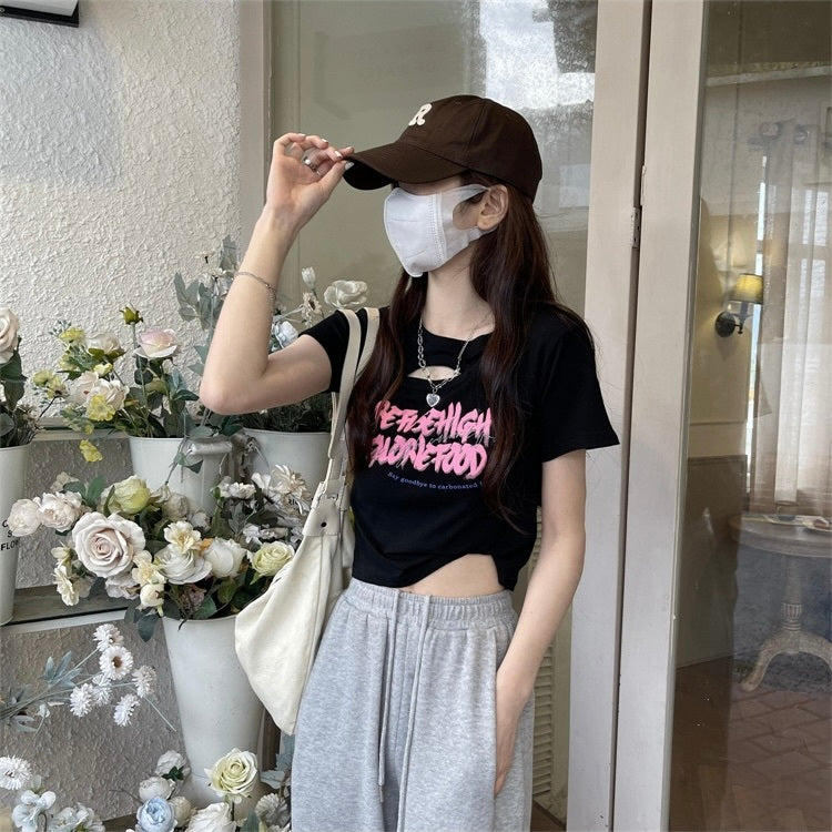 ホローフロント　穴あき　ショートTシャツ　mry000133