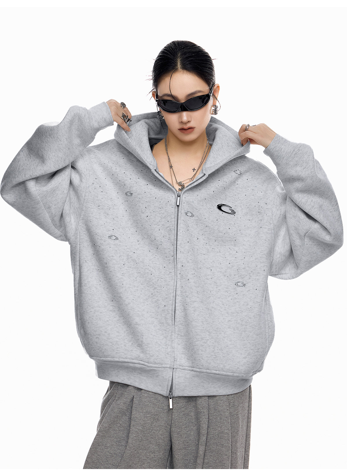 【評価★4.8以上／高品質】Rhinestone Embellished Oversized Zip Hoodie mry001898