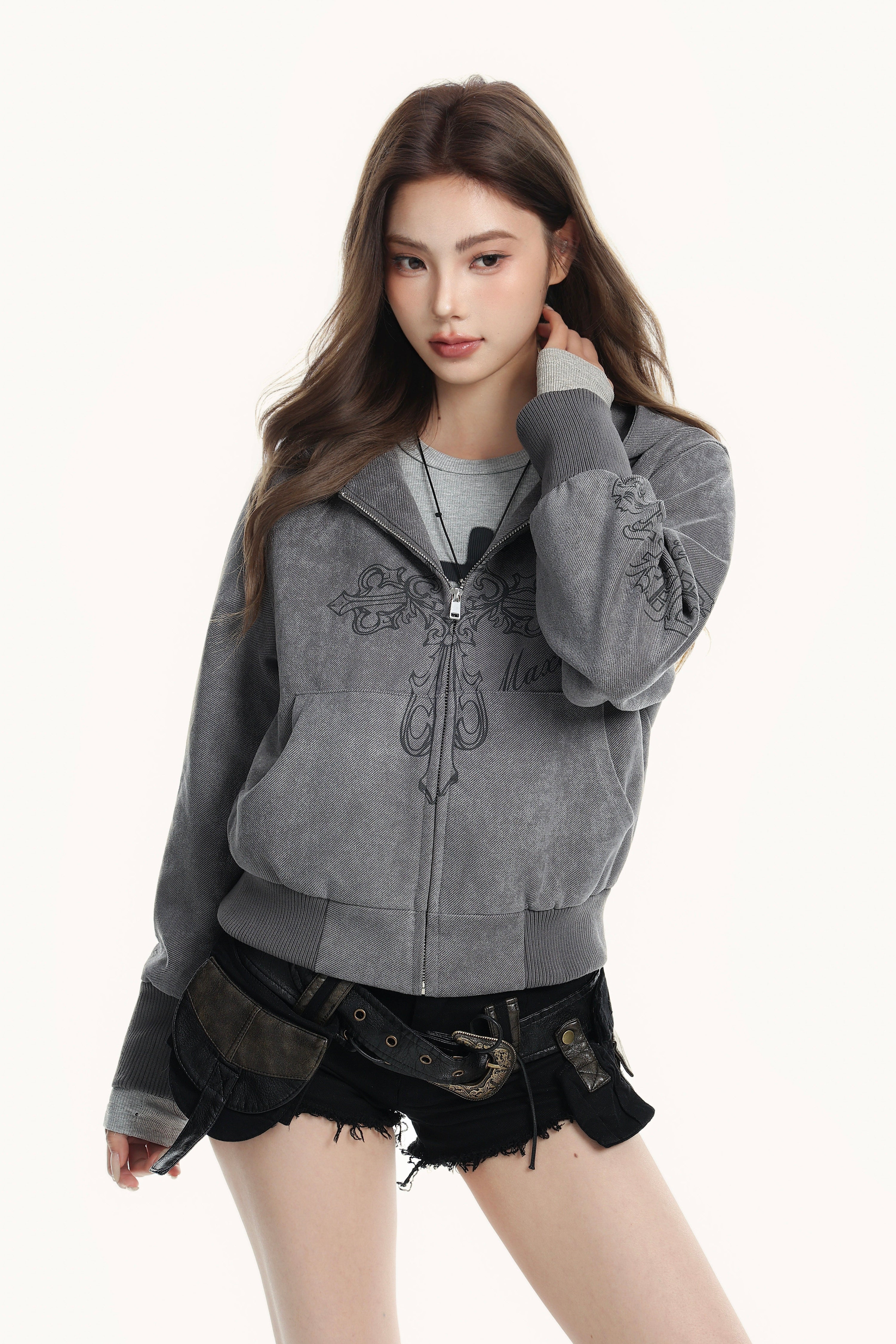 Washed Graphic Zip-Up Hoodie mry002153